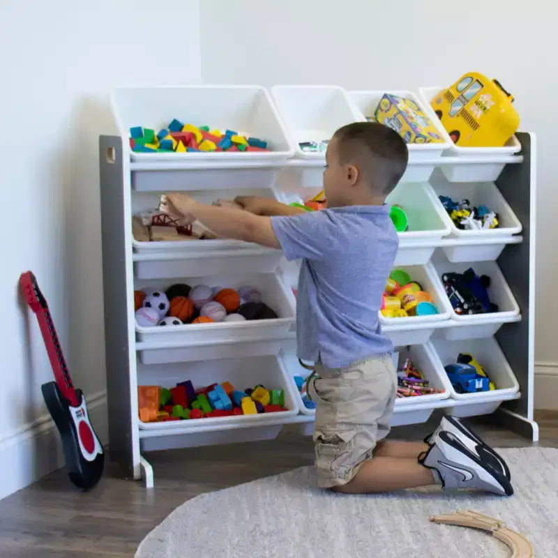 Organizzatore portaoggetti per giocattoli per bambini con 16 contenitori, 4 ripiani, Grigio/Bianco