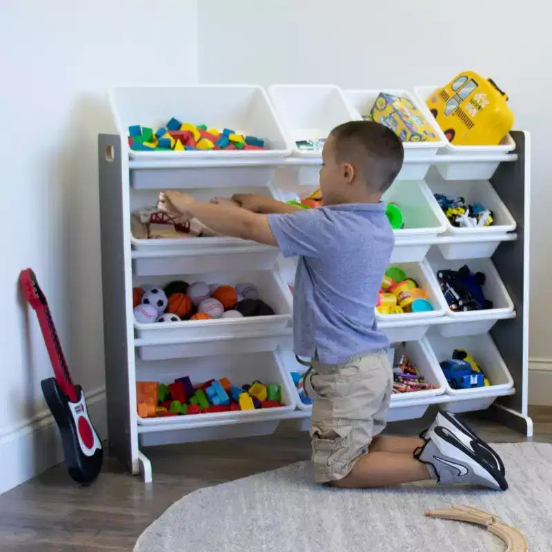 Organizzatore portaoggetti per giocattoli per bambini con 16 contenitori, 4 ripiani, Grigio/Bianco