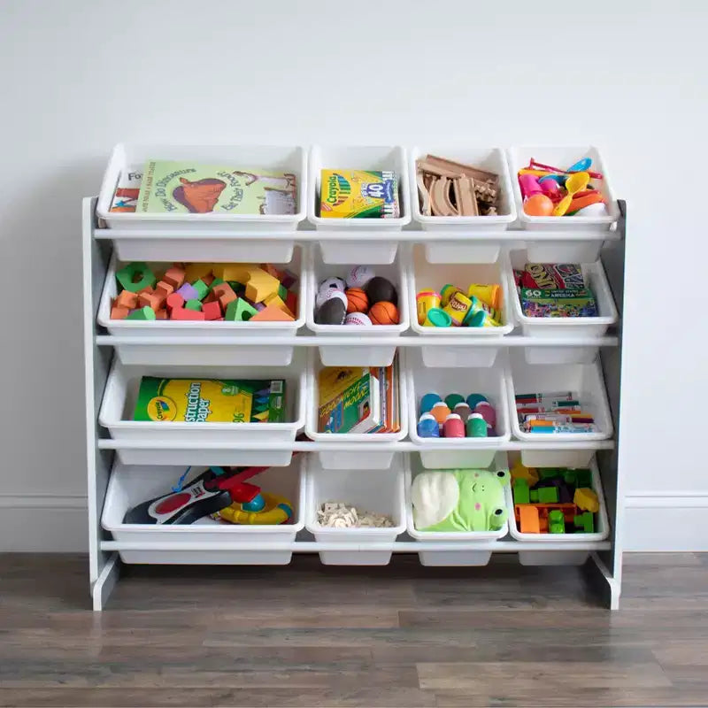 Organizzatore portaoggetti per giocattoli per bambini con 16 contenitori, 4 ripiani, Grigio/Bianco