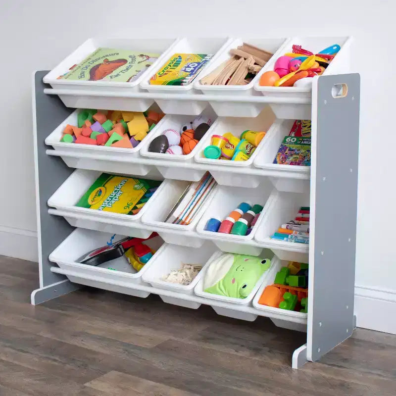 Organizzatore portaoggetti per giocattoli per bambini con 16 contenitori, 4 ripiani, Grigio/Bianco