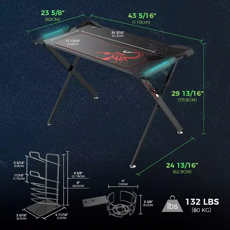 Scrivania da Gaming 43x23 con Gambe a X e Illuminazione LED RGB