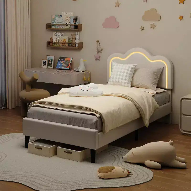 Struttura letto matrimoniale a LED con cassetti, testiera imbottita, base a piattaforma