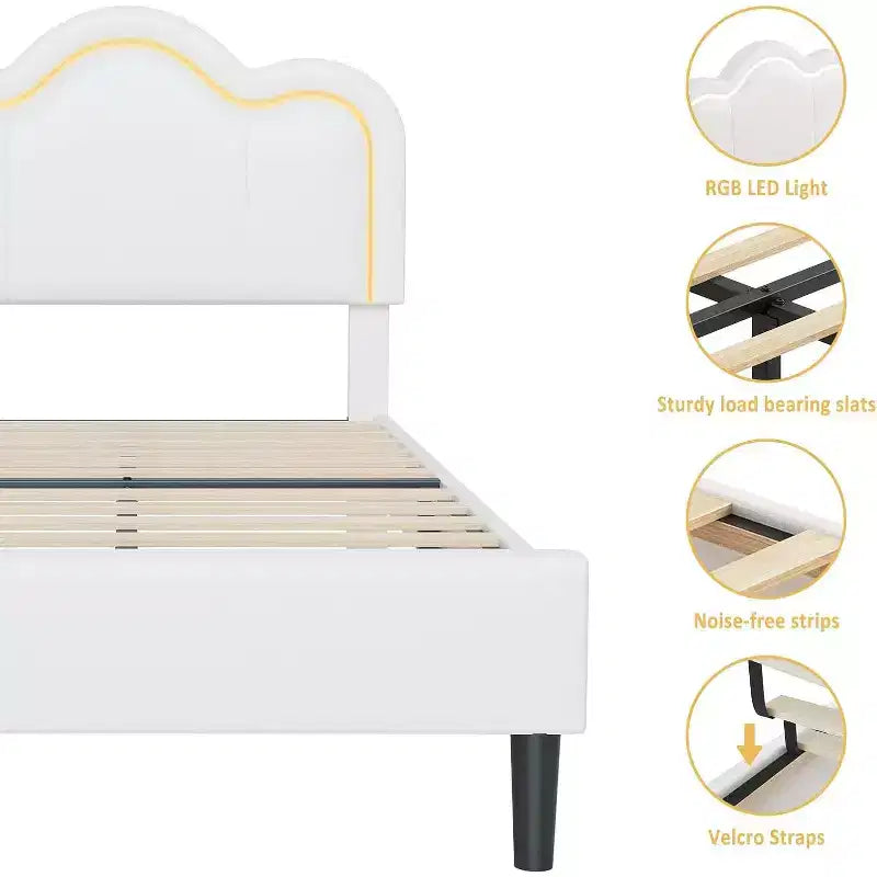 Struttura letto matrimoniale a LED con cassetti, testiera imbottita, base a piattaforma