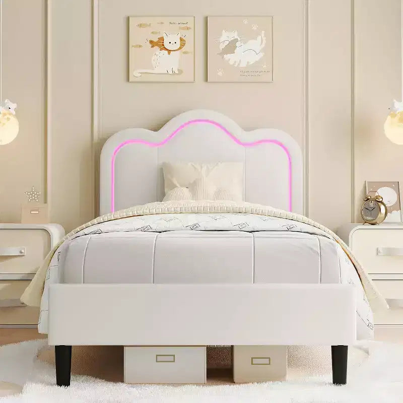 Struttura letto matrimoniale a LED con cassetti, testiera imbottita, base a piattaforma