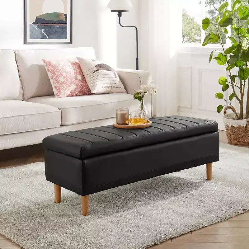 Panca contenitore imbottita con coperchio idraulico, 112 cm, pelle PU, telaio in legno