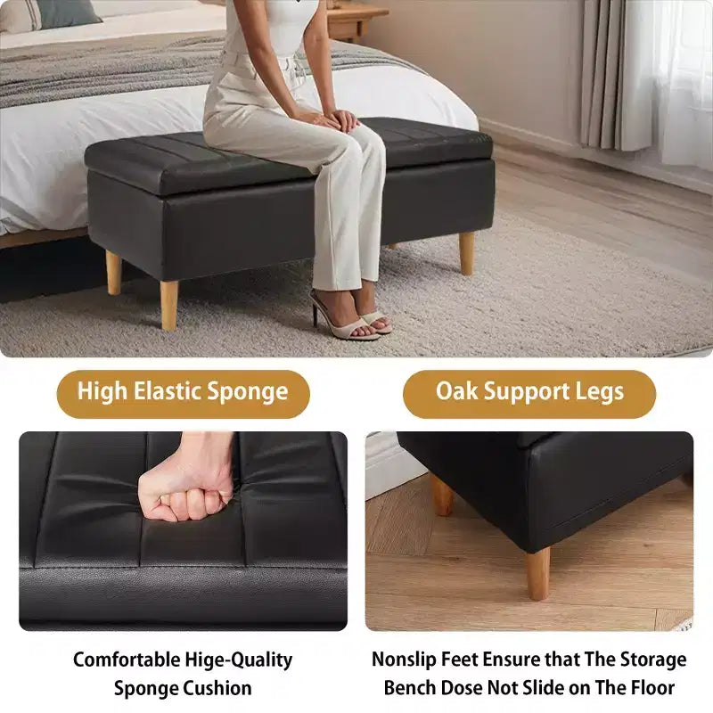Panca contenitore imbottita con coperchio idraulico, 112 cm, pelle PU, telaio in legno