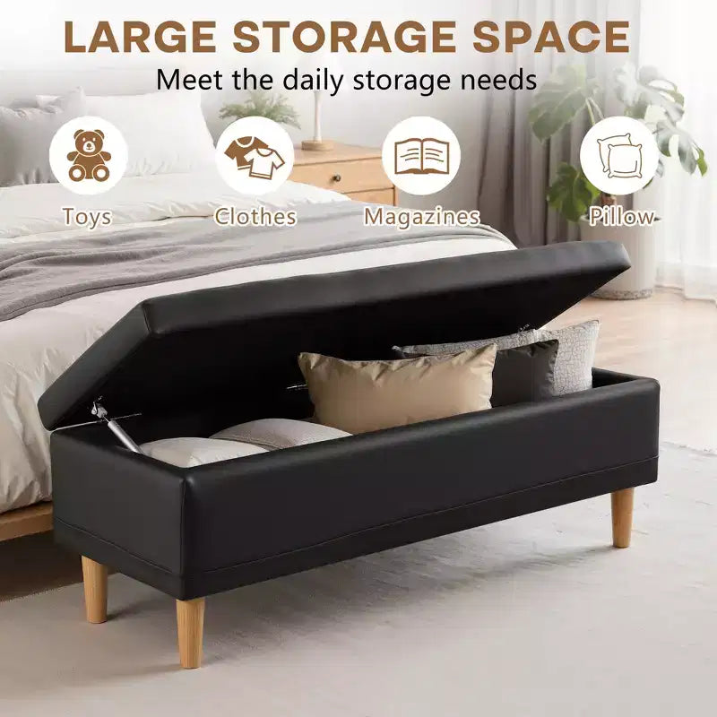 Panca contenitore imbottita con coperchio idraulico, 112 cm, pelle PU, telaio in legno