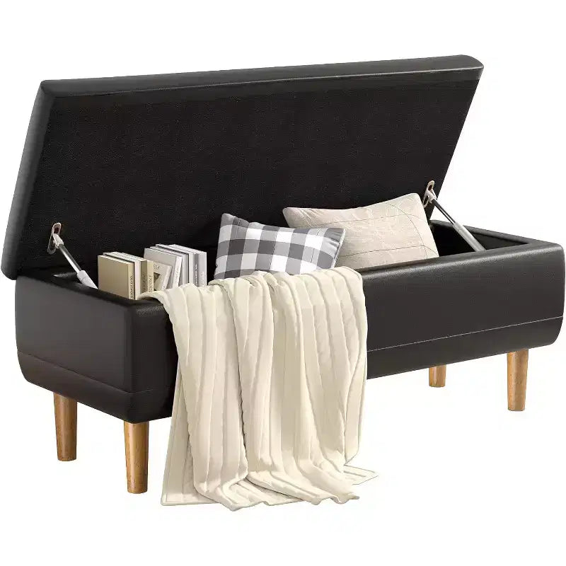 Panca contenitore imbottita con coperchio idraulico, 112 cm, pelle PU, telaio in legno