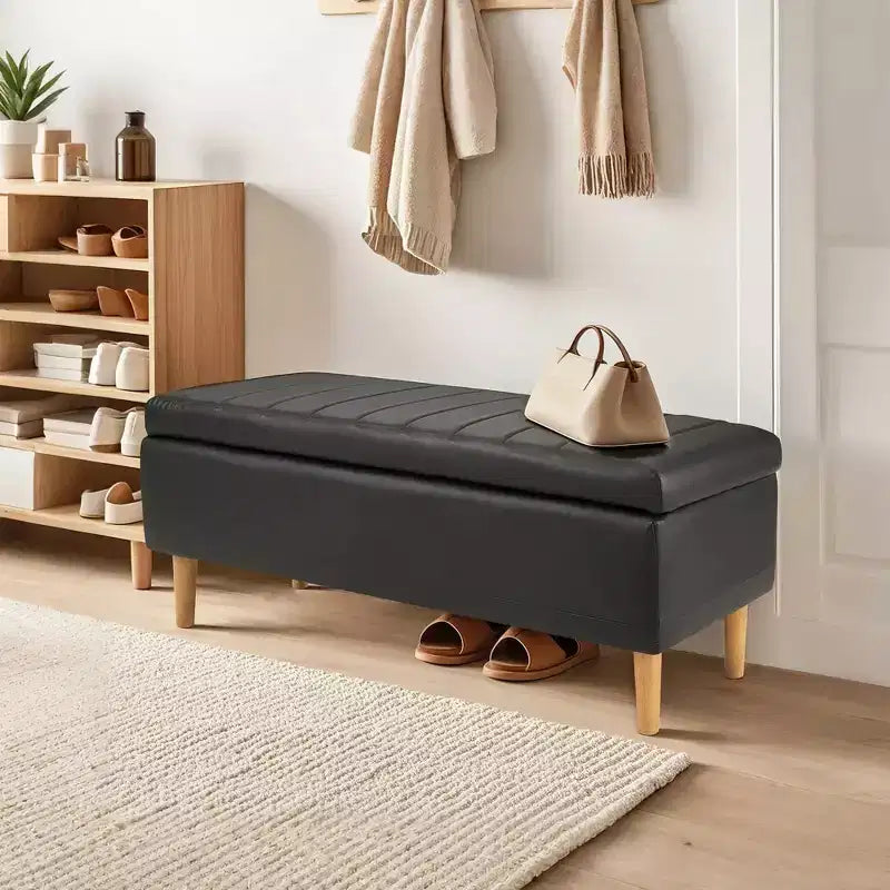 Panca contenitore imbottita con coperchio idraulico, 112 cm, pelle PU, telaio in legno
