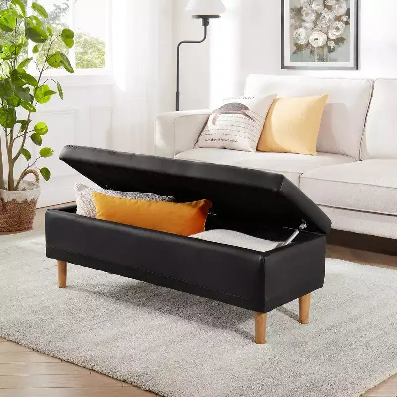 Panca contenitore imbottita con coperchio idraulico, 112 cm, pelle PU, telaio in legno
