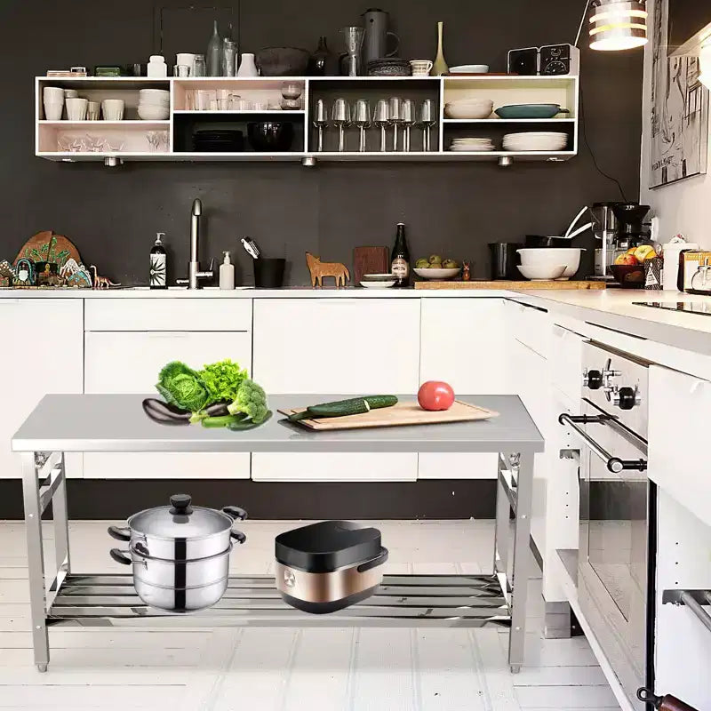 Tavolo da Lavoro in Acciaio Inossidabile con Ripiano Regolabile - Tavolo da Preparazione Pieghevole per Cucina, Ristorante e Uso Domestico