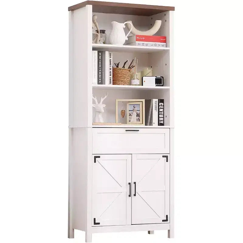 COZONY 72 Tall 6-Tier Farmhouse Bookshelf with Doors, Cabinet & Drawer  Wooden Bookcase with Adjustable Shelf for Living Room, Kitchen & Bedroom