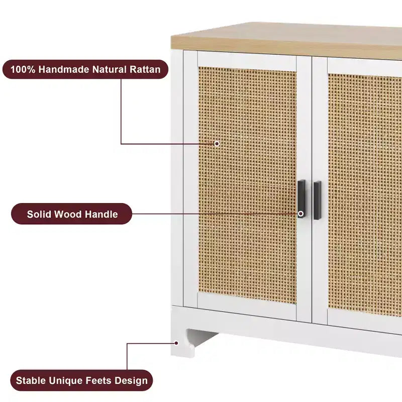 Mobile Contenitore in Rattan con 4 Ante Intrecciate e Ripiano Regolabile
