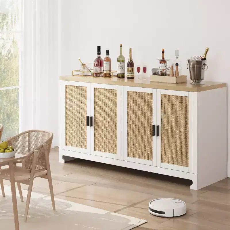 Mobile Contenitore in Rattan con 4 Ante Intrecciate e Ripiano Regolabile