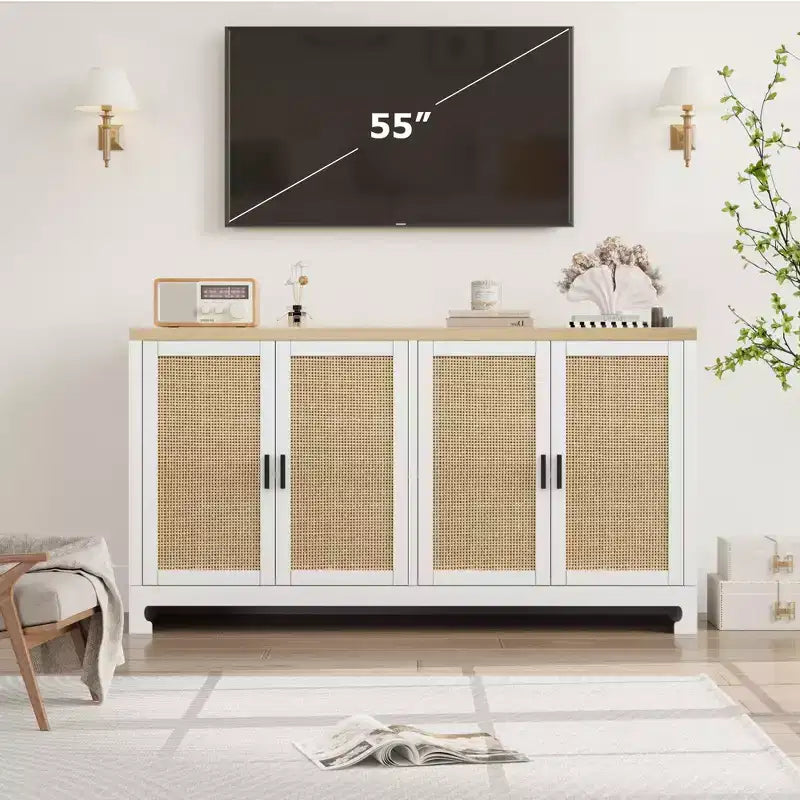 Mobile Contenitore in Rattan con 4 Ante Intrecciate e Ripiano Regolabile