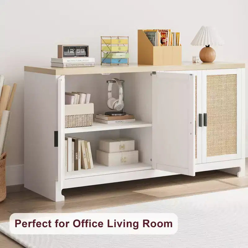 Mobile Contenitore in Rattan con 4 Ante Intrecciate e Ripiano Regolabile