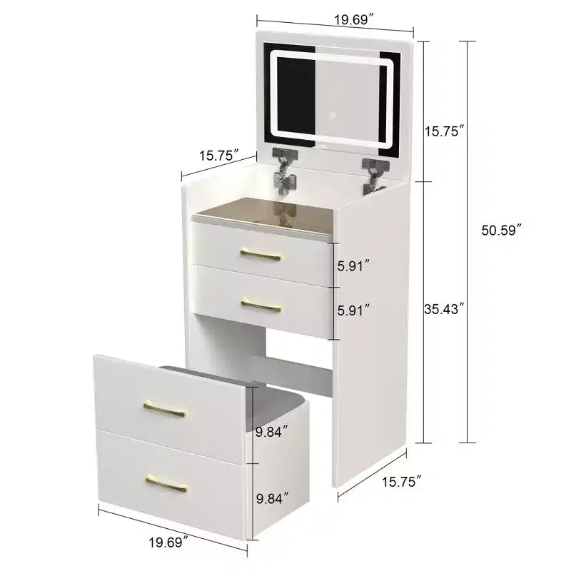 Tavolo da Trucco 3 in 1 con Sgabello e Specchio Illuminato, Bianco