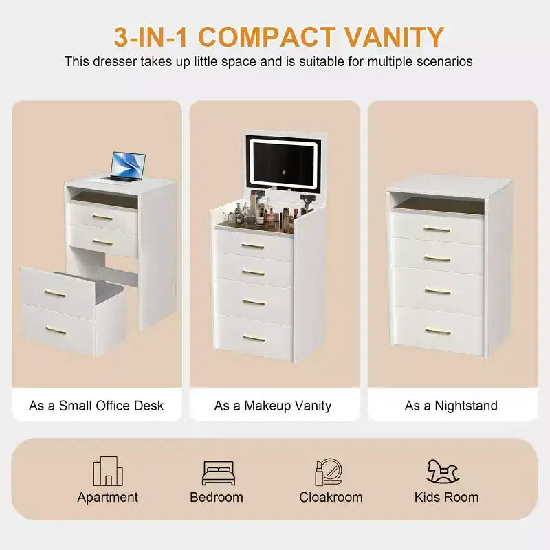 Tavolo da Trucco 3 in 1 con Sgabello e Specchio Illuminato, Bianco