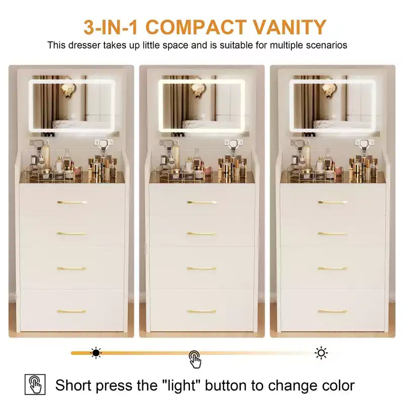 Tavolo da Trucco 3 in 1 con Sgabello e Specchio Illuminato, Bianco