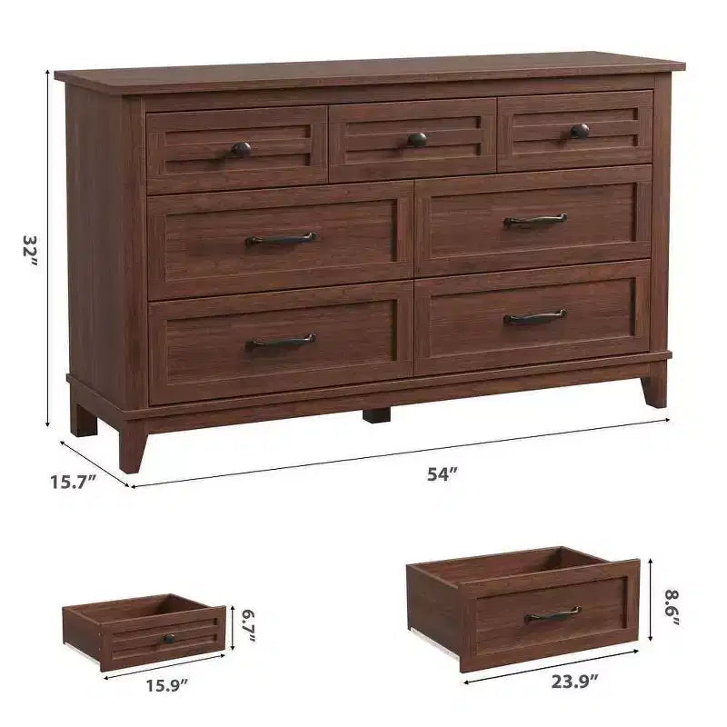 Comò a 7 cassetti per camera da letto con finitura in legno rustico