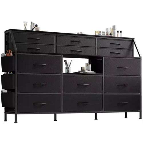 Dresser for Bedroom with 14 Drawers, 55 W Dresser with Side Pocket, Fabric Dressers & Chests of Drawers with Shelves, Sturdy Frame, Wood Top