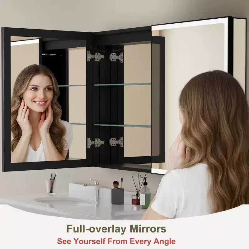 Mobiletto da bagno con specchio LED – Montaggio a superficie o a incasso, Dimmerabile, Antiappannamento, Ripiani regolabili