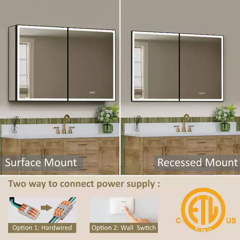 Mobiletto da bagno con specchio LED – Montaggio a superficie o a incasso, Dimmerabile, Antiappannamento, Ripiani regolabili