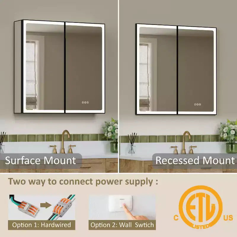 Mobiletto da bagno con specchio LED – Montaggio a superficie o a incasso, Dimmerabile, Antiappannamento, Ripiani regolabili