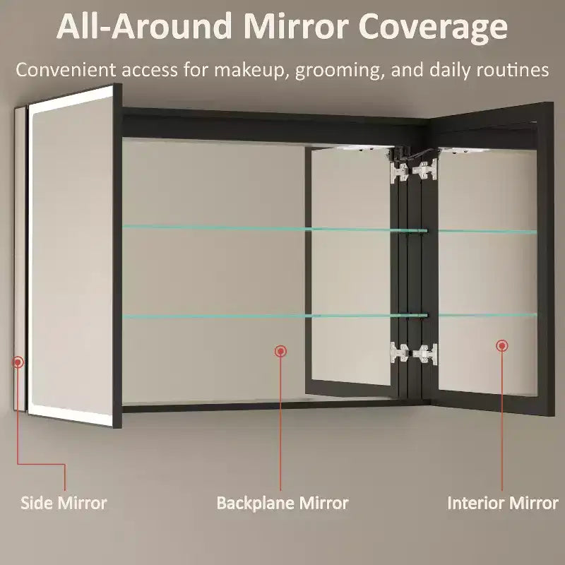 Mobiletto da bagno con specchio LED – Montaggio a superficie o a incasso, Dimmerabile, Antiappannamento, Ripiani regolabili