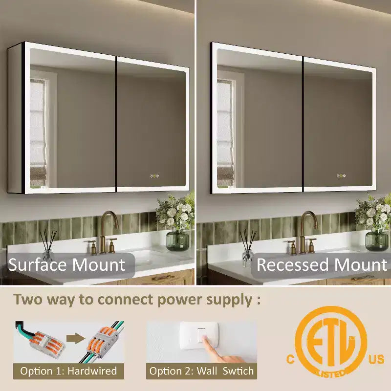 Mobiletto da bagno con specchio LED – Montaggio a superficie o a incasso, Dimmerabile, Antiappannamento, Ripiani regolabili