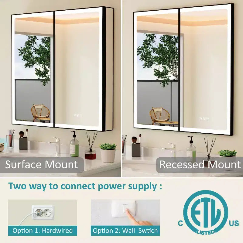 Mobiletto da bagno con specchio LED – Montaggio a superficie o a incasso, Dimmerabile, Antiappannamento, Ripiani regolabili