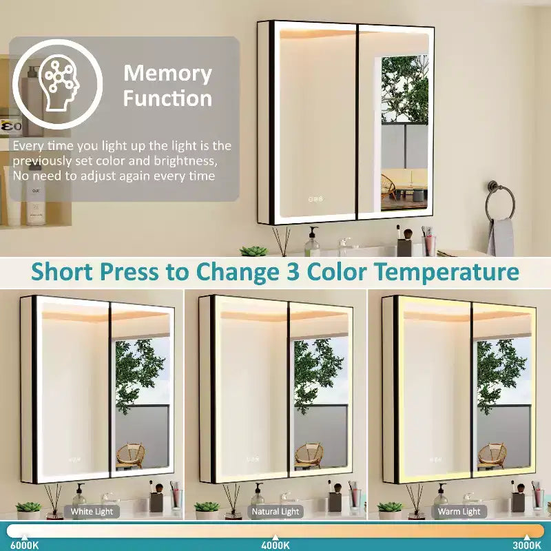 Mobiletto da bagno con specchio LED – Montaggio a superficie o a incasso, Dimmerabile, Antiappannamento, Ripiani regolabili