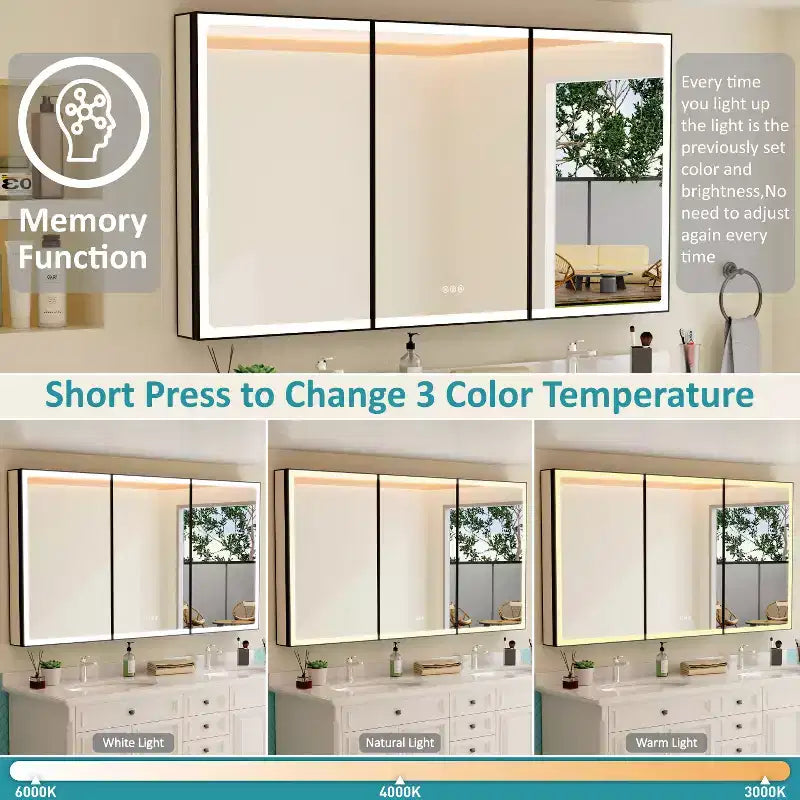Mobiletto da bagno con specchio LED – Montaggio a superficie o a incasso, Dimmerabile, Antiappannamento, Ripiani regolabili