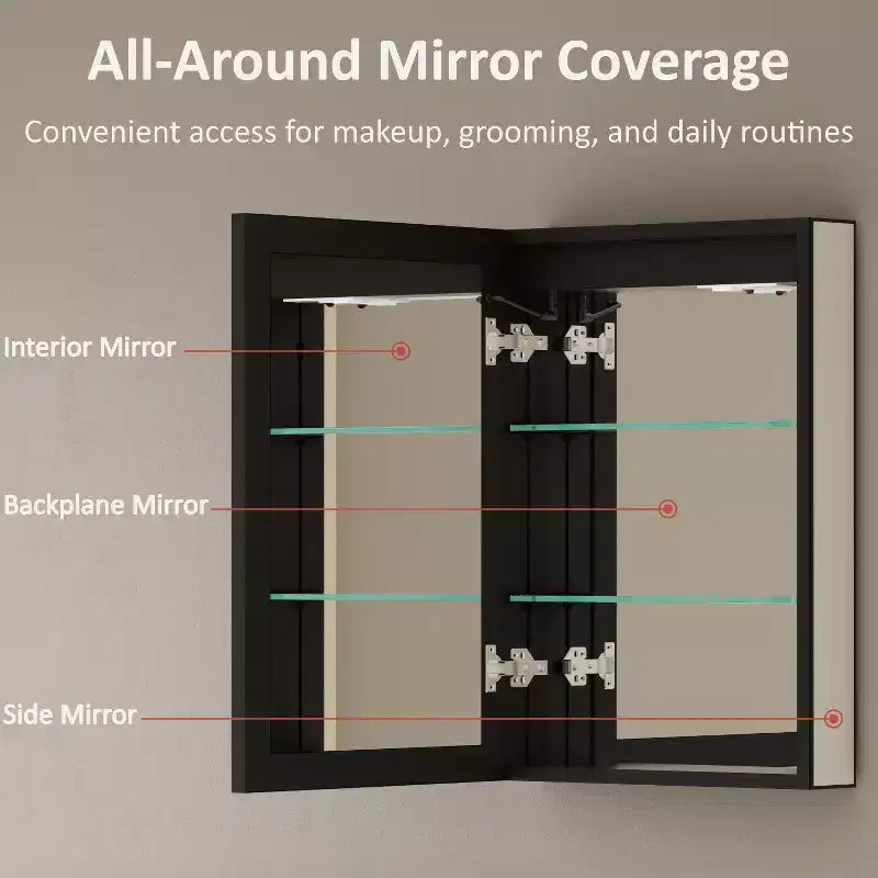 Mobiletto da bagno con specchio LED – Montaggio a superficie o a incasso, Dimmerabile, Antiappannamento, Ripiani regolabili