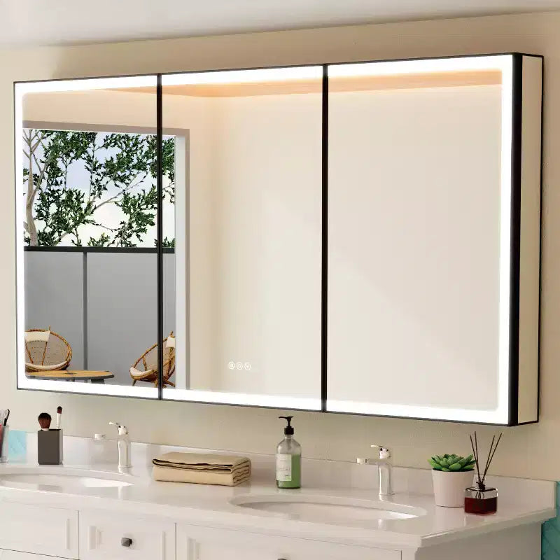 Mobiletto da bagno con specchio LED – Montaggio a superficie o a incasso, Dimmerabile, Antiappannamento, Ripiani regolabili
