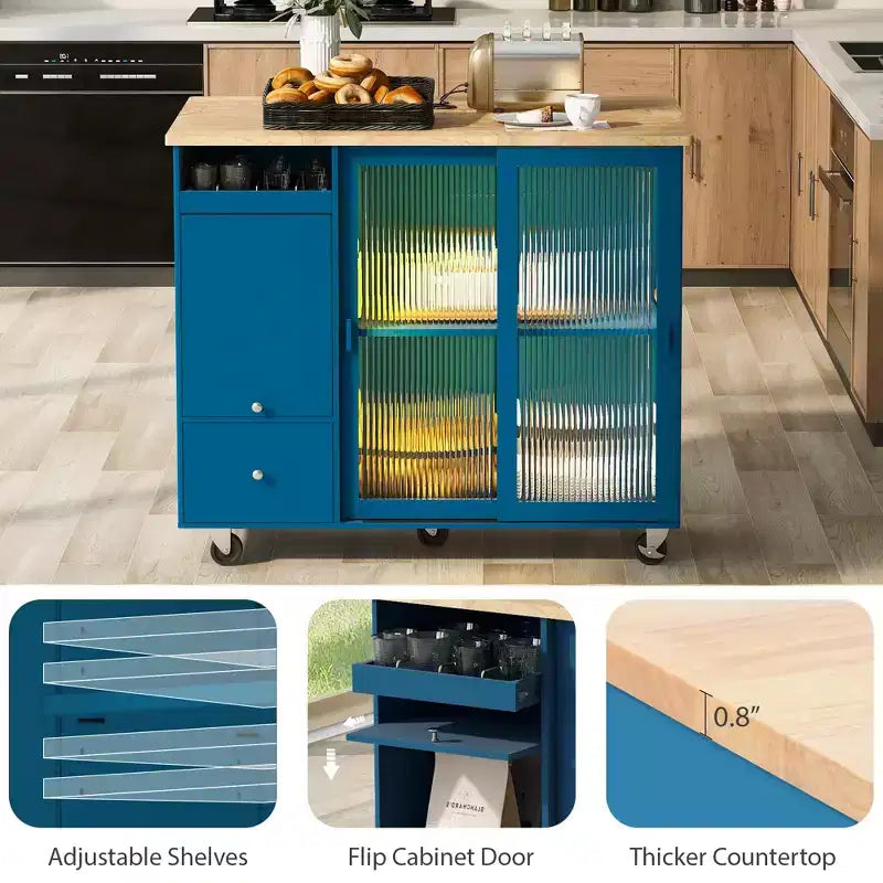 Carrello da Cucina su Ruote con Luce LED, 2 Cassetti e Ripiano Regolabile