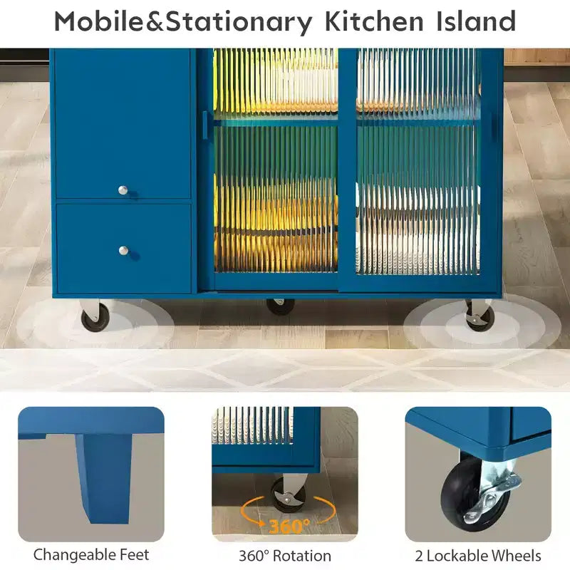 Carrello da Cucina su Ruote con Luce LED, 2 Cassetti e Ripiano Regolabile