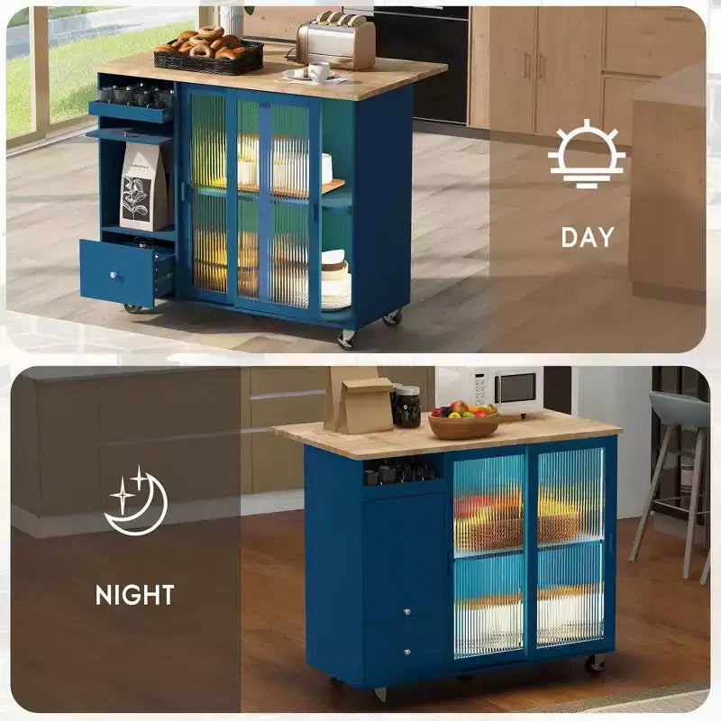 Carrello da Cucina su Ruote con Luce LED, 2 Cassetti e Ripiano Regolabile