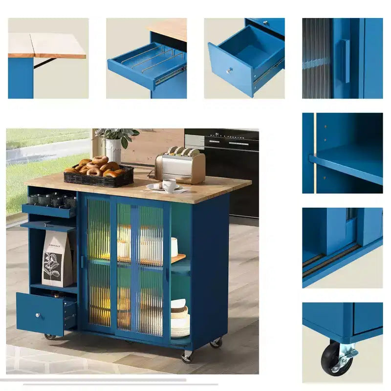 Carrello da Cucina su Ruote con Luce LED, 2 Cassetti e Ripiano Regolabile