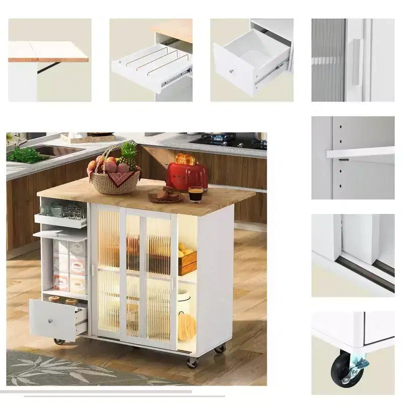 Carrello da Cucina su Ruote con Luce LED, 2 Cassetti e Ripiano Regolabile