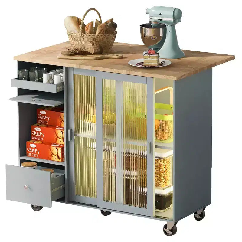Carrello da Cucina su Ruote con Luce LED, 2 Cassetti e Ripiano Regolabile