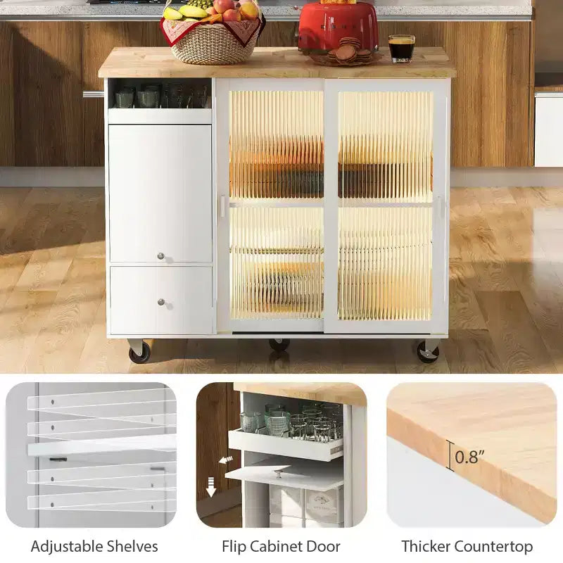 Carrello da Cucina su Ruote con Luce LED, 2 Cassetti e Ripiano Regolabile
