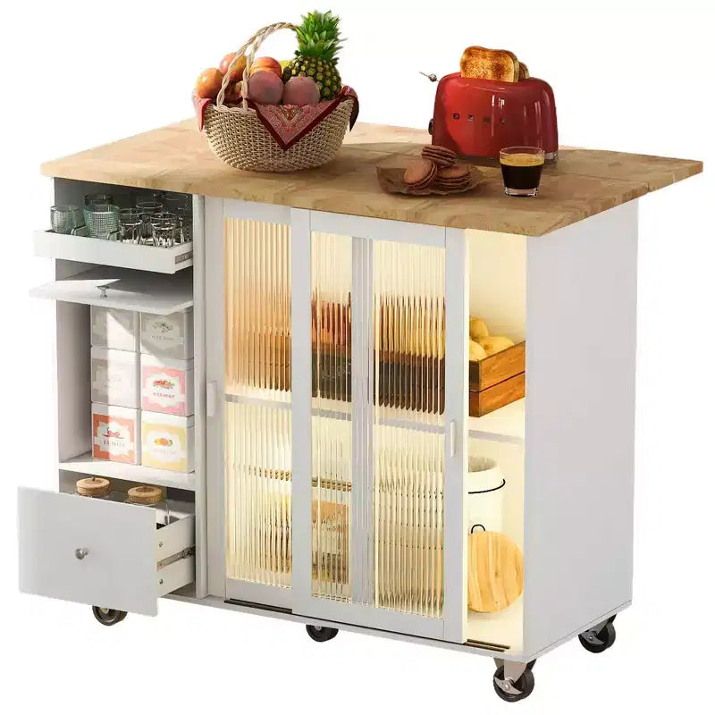 Carrello da Cucina su Ruote con Luce LED, 2 Cassetti e Ripiano Regolabile