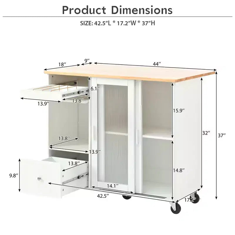 Carrello da Cucina su Ruote con Luce LED, 2 Cassetti e Ripiano Regolabile