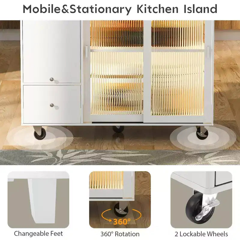 Carrello da Cucina su Ruote con Luce LED, 2 Cassetti e Ripiano Regolabile