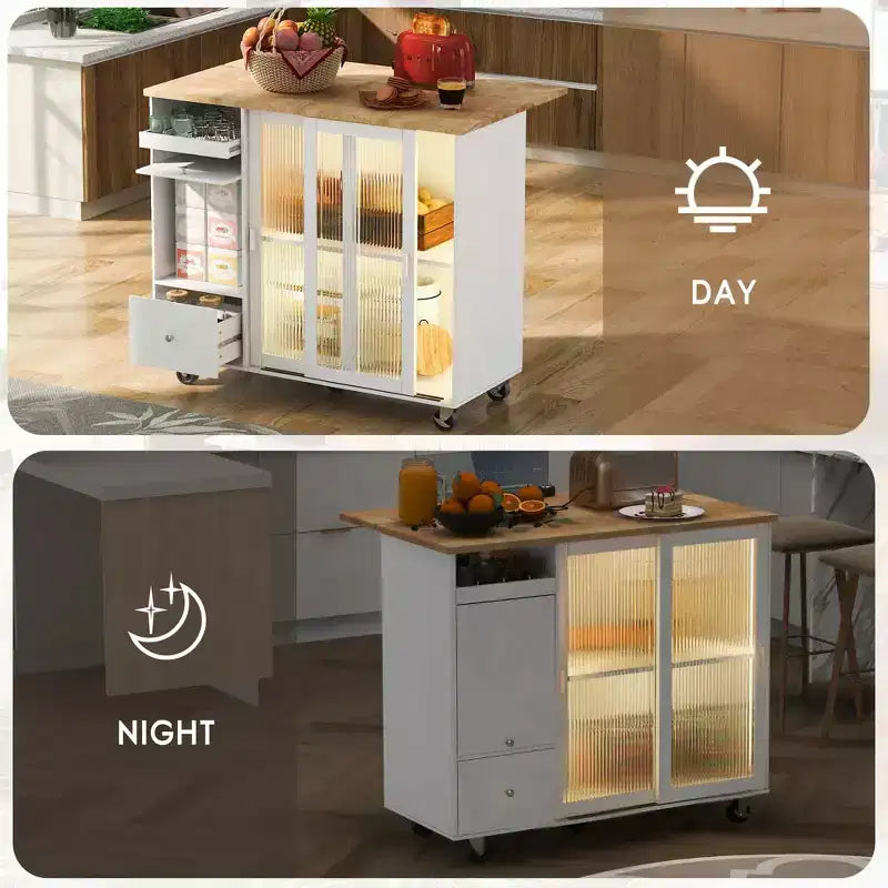 Carrello da Cucina su Ruote con Luce LED, 2 Cassetti e Ripiano Regolabile