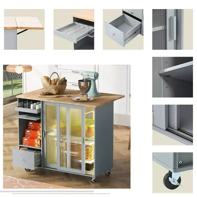Carrello da Cucina su Ruote con Luce LED, 2 Cassetti e Ripiano Regolabile