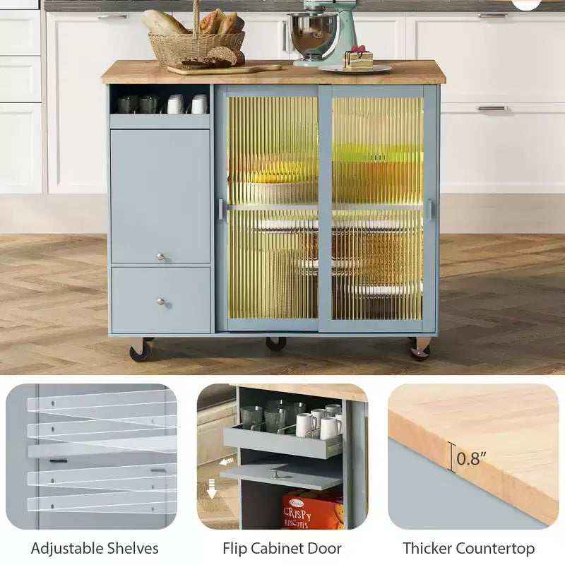 Carrello da Cucina su Ruote con Luce LED, 2 Cassetti e Ripiano Regolabile