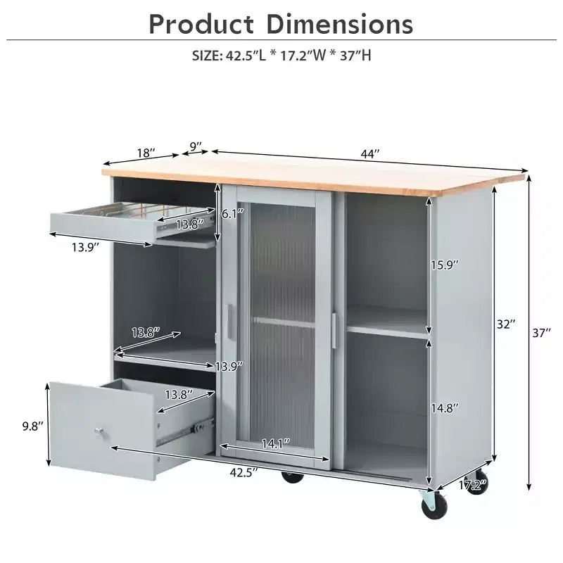 Carrello da Cucina su Ruote con Luce LED, 2 Cassetti e Ripiano Regolabile