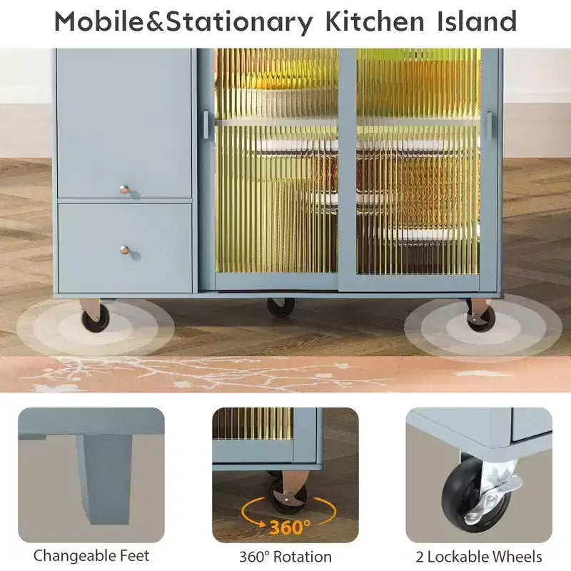 Carrello da Cucina su Ruote con Luce LED, 2 Cassetti e Ripiano Regolabile